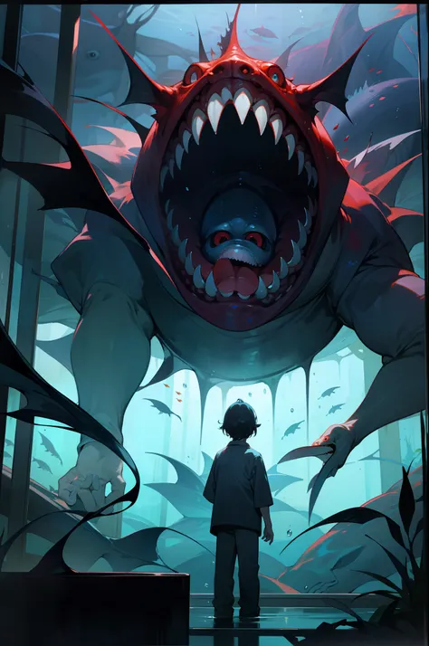 In the aquarium，Outside the glass stood the back of a little boy。，Inside the glass is a huge and ugly scary fish，The demons，a dark and eerie atmosphere，The eyes of the fish glow red，with a huge mouth open，Realistis，The end of the world