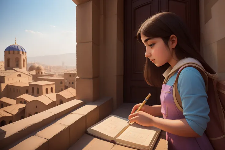 Date: 2014
Country: Armenia
Description: Against the backdrop of a luminous Armenian cityscape, a teenage Armenian girl sketches the intricate details of an ancient building in her notebook. Her focused expression stands out against the pastel tones of the...