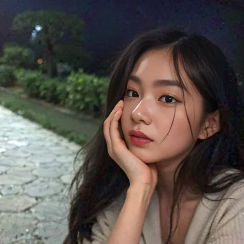 There was a woman sitting at a table with an umbrella, xintong chen, 8k selfie photograph, ☁🌪🌙👩🏾, She has a cute face, ulzzangs, she has a cute expressive face, pale round face, low quality photo, wenfei ye, with very thin lips, Li Zixin, she has a distant...