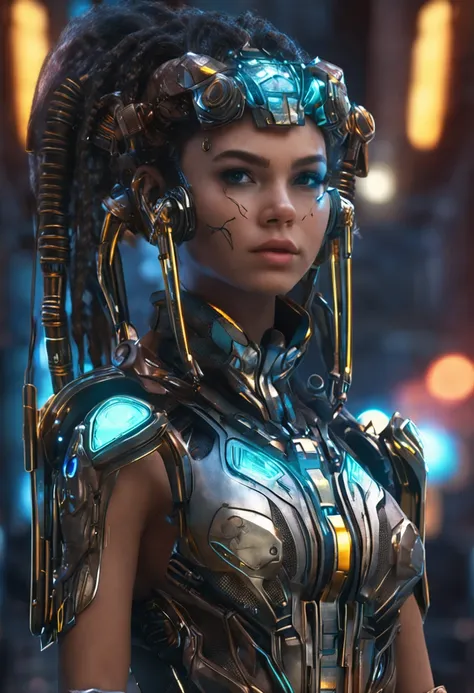 Masterpiece, Best quality, Upper body, Fantastic cyborg girl in fantasy web helmet with long pigtail close-up, Neon glass and metal inserts, Lustrous colors with elegant details, hyper-high detail, super sharp focus, hdr, Ring light fills hard light, Rich ...