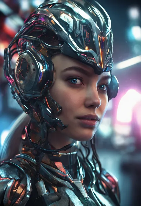 Masterpiece, Best quality, Upper body, Fantastic cyborg girl in fantasy web helmet with long pigtail close-up, Neon glass and metal inserts, Lustrous colors with elegant details, hyper-high detail, super sharp focus, hdr, Ring light fills hard light, Rich ...