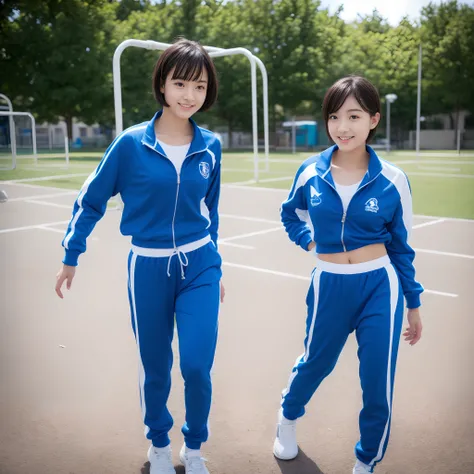 Beautiful high school student playing in blue and white tracksuit playing on school playground，Super high value，perfect body figure，extra very short hair，Delicate hair，Fair face and skin，Drops of sweat hanging down，Have fun on the playground，Large breasts，...