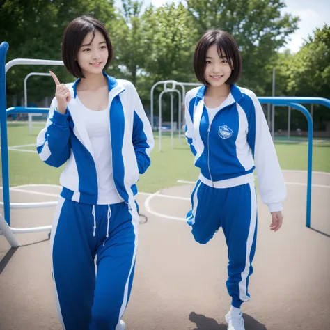 Beautiful high school student playing in blue and white tracksuit playing on school playground，Super high value，perfect body figure，extra very short hair，Delicate hair，Fair face and skin，Drops of sweat hanging down，Have fun on the playground，Large breasts，...