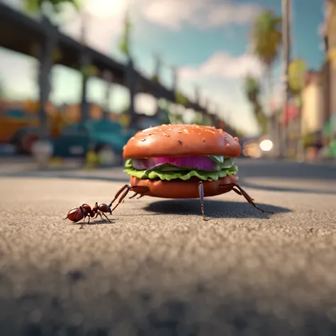 There was an ant and a burger on the road，There is a burger on the road，Ants walking on the road，Dreamy light，Low-angle lens shooting，photorealistic cinematic render, Cinematic 3D rendering, realistic cgi render, Depicted as a 3D rendering