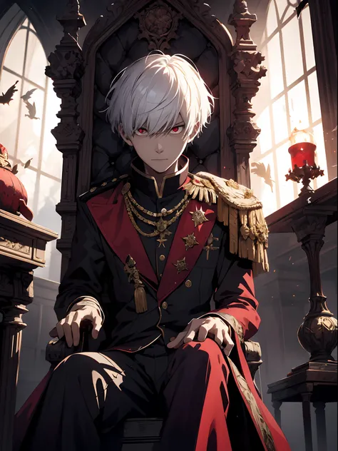 A white-haired, red-eyed prince sits on a majestic throne inside an abandoned palace. The environment around him is dark and gloomy, with evil red eyes in the walls and cobwebs hanging there. The throne is ornate, with details in gold and precious stones, ...