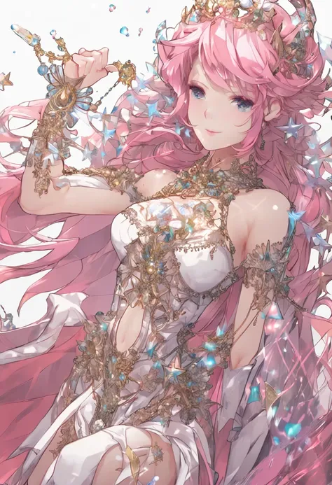 (((A pink-haired, magia (tmasterpiece, SuperiorQuality, Better quality, offcial art, Beautiful and aesthetic: 1.2), (1girll:1.3), (s fractal art:1.3), Extremely beautiful, Star hair, jk, mito, Crown of the Queen of Immortals, archery, Water Fund, looking a...