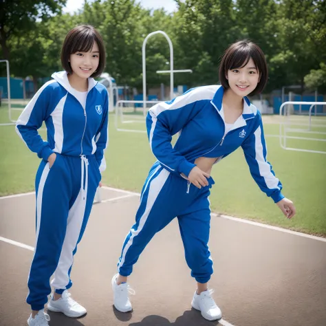 Beautiful high school student playing in blue and white tracksuit playing on school playground，Super high value，perfect body figure，extra very short hair，Delicate hair，Fair face and skin，Drops of sweat hanging down，Have fun on the playground，Large breasts，...