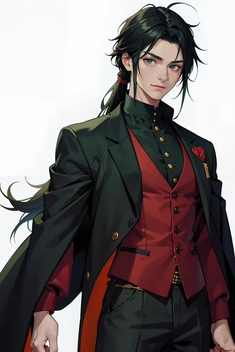 Androgynous, Gender neutral, anime style, (from front), cowboy shot, Portrait of a woman in her 20s, woans, 28 years old, Standing, Hands down, ((green three-piece suit)), black hair, ((Looking at the viewer)), hair messy, shoulder length hair, pale skin, ...