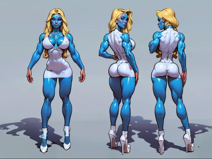 ((masterpiece)),(((best quality))),((character design sheet)), ((full body view)) illustration,1girl, muscular The Smurfs in background, ((blue skin:1.2)), Smurfette, light blonde hair, white dress ((detailed face:1.4)) blue woman, shiny skin, scribbles an...