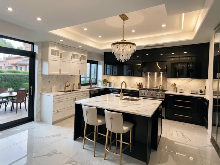 ，masterpiece, best quality，8k, ultra highres，Step into this sumptuous kitchen，You will be amazed by what you see。The whole space exudes a metallic texture，Marble countertops are lined with shimmering porcelain and delicate cutlery。In the center of the kitc...