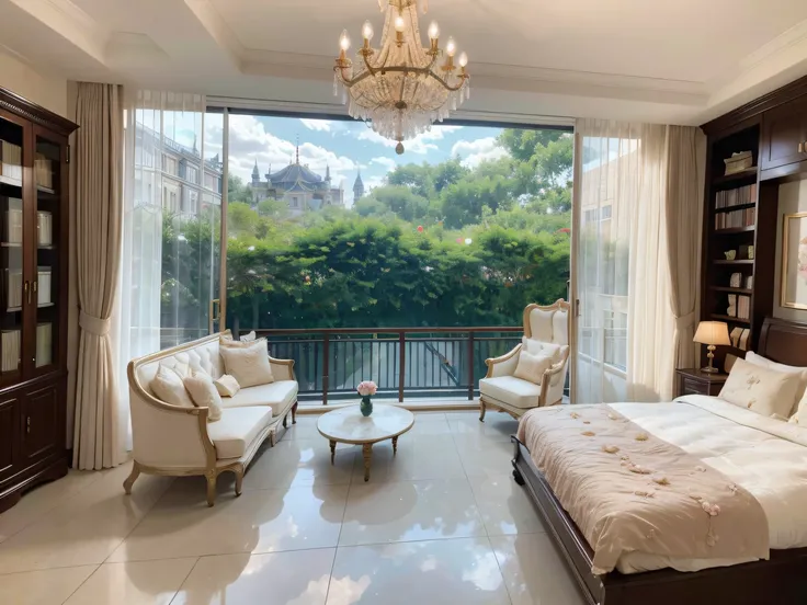 ，masterpiece, best quality，8k, ultra highres，As you step into this fantastic duplex suite，Its like being in a fairytale world。The bedroom décor is soft pink，The bed is covered with cloudy down，The hanging canopy slowly descends like a flowing cloud。The liv...