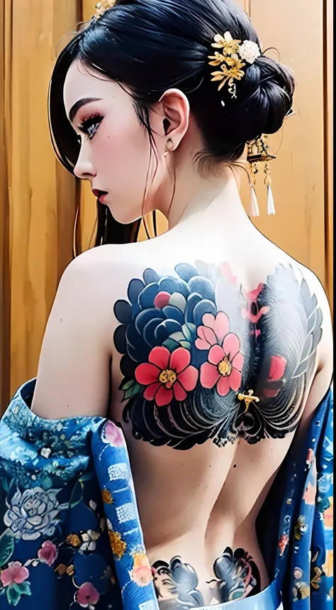 (masterpiece, top quality, best quality, official art, beautiful and aesthetic:1.2),1girl, tattoo, solo, japanese clothes,  hair ornament, unsheathing, black hair, sheath, back tattoo, blue eyes,  off shoulder, bare shoulders, looking back, from behind, fl...