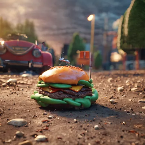 There was an ant and a burger on the road，There is a burger on the road，Ants walking on the road，Dreamy light，Low-angle lens shooting，photorealistic cinematic render, Cinematic 3D rendering, realistic cgi render, Depicted as a 3D rendering