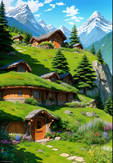 Realistic, Real life, Beautiful hobbit house in the mountains, in style of laurie greasley, by Ghibli Studio, Akira Toriyama, James Gilead, Genshin Impact, trending pixiv fanbox, acrylic palette knife, 4K, Vibrant colors, devinert, trending on artstationh