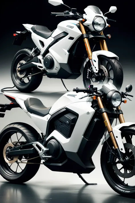 Electric motorcycle，Positive side，Mechanical style，On white background there is a cool electric motorcycle，The main colors of the car are black and white，Rich in layers，Strong sense of combat