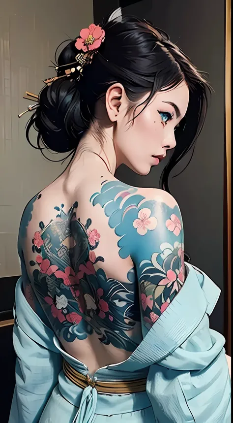 (masterpiece, top quality, best quality, official art, beautiful and aesthetic:1.2),1girl, tattoo, solo, japanese clothes,  hair ornament, unsheathing, black hair, sheath, back tattoo, blue eyes,  off shoulder, bare shoulders, looking back, from behind, fl...