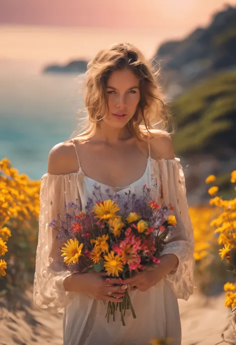 a beautiful young girl, on beach, flowers in hand,