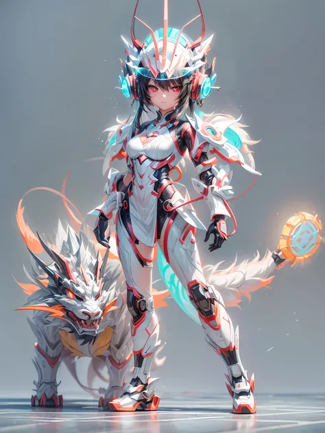 chinesedragon, (blind box toy style:1.2), (Full Body Shot) ,  1 Transparent girl,Behind him is a transparent and  Chinese dragon, Transparent mecha, Exquisite Helmet:1.2, glowing goggles:1.2, Cyberpunk, Dreamy Glow, Luminous neon lamp, clean, white backgro...