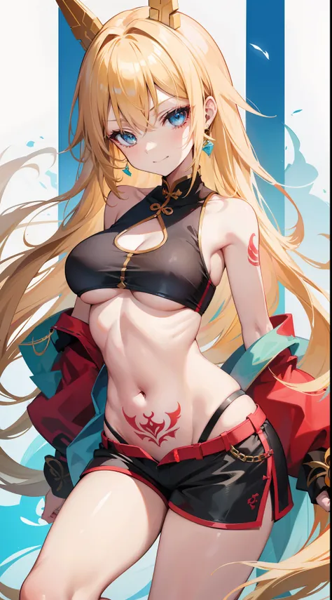 young girl, longue blonde hair, Cyan eyes, Tatoo, smirk, Red Chinese Top, Sleeveless, neckline on the chest, open breasts, Gold Elements, Shorts, tmasterpiece, hiquality