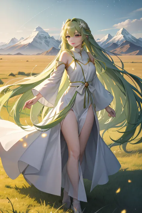 Green long hair，The ends of the hair dance in the wind，beautiful  Girl，long white robe，Golden eyes，Stand sideways in the middle of the steppe，Dance your hands，Lush green grass dances in the wind，Golden particles of light surround it like the wind，The mount...