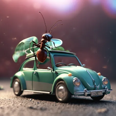 Ants lying on the roof of a Beetle car，Beetle car on the road，Dreamy light，Low-angle lens shooting，photorealistic cinematic render, Cinematic 3D rendering, realistic cgi render, Depicted as a 3D rendering