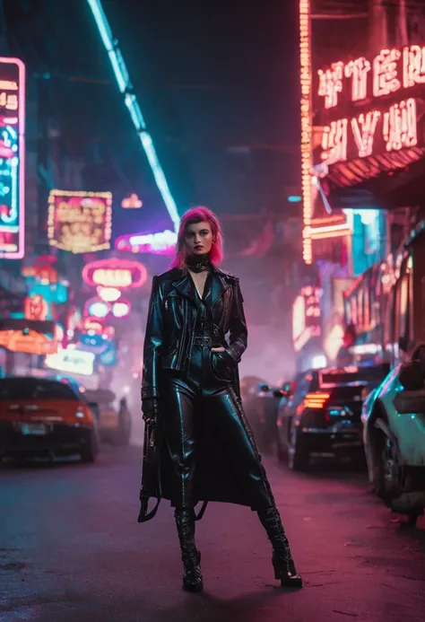 an image of a woman in black leather near a neon sign, in the style of cyberpunk manga, ruslan lobanov, detailed costumes, 32k uhd, zeng chuangxing, daniel f. gerhartz, calculated --ar 77:100 --s 750 --niji 5