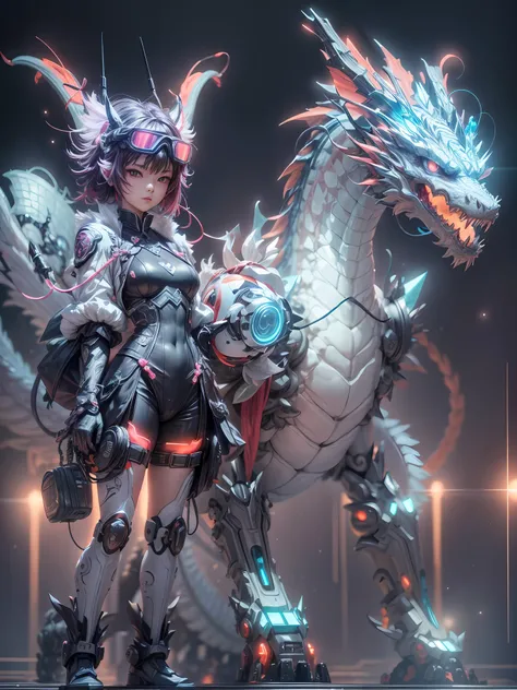 chinesedragon, (blind box toy style:1.2), (Full Body Shot) ,  1 Transparent girl,Behind him is a transparent and  Chinese dragon, Transparent mecha, Exquisite Helmet:1.2, glowing goggles:1.2, Cyberpunk, Dreamy Glow, Luminous neon lamp, clean, white backgro...