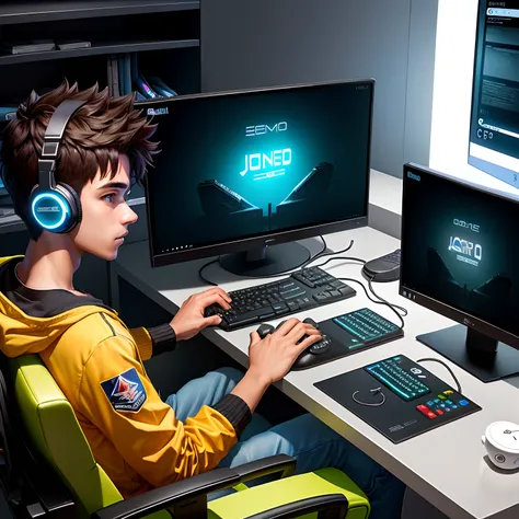 Theres a boy sitting in front of a computer with headphones on, playing video games, jogando jogos de computador, sala de jogos, jogos, sala de jogos, Computadores para jogos, video - game, concomputador, gamer aesthetic, usando um fone de ouvido para jogo...