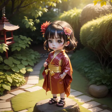 Cute Baby Chibi Anime,Long kimono in red and gold,Japanese style hair ornaments,Standing,Joaquin Antonio Uribe Botanical Garden.