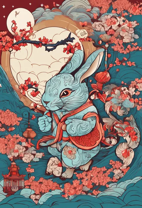 The background is premium blue，There is the Jade Rabbit，There is the moon，space，sci-fy，mid-autumn festival