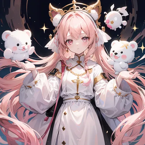 The title of Douluo Continent with multiple pale pink soul rings，Its Sister Lori，Light rice and cream white color scheme，light-brown long hair，baggy clothes，Known as the Muppet Bear Puppeteer，Its a cute and cute girl，