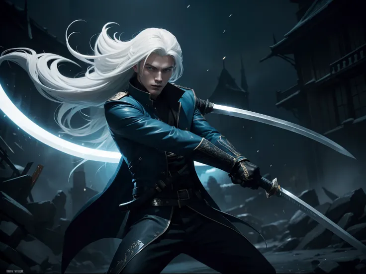 a handsome 25 years old British male vampire swordsman, with long white hair, pale skin, wearing a blue long jacket and black pants, holding a katana, splash art style, battle ready pose, dynamic angle shot, photo realism, ambient lighting, intricate hand ...