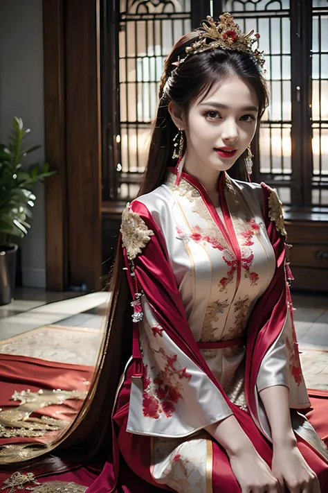 (ultra realistic 8k CG:1.2),perfect artwork,delicate pattern,intricate detail, (unparalleled masterpiece,best quality:1.2),(extremely intricate:1.2),a woman in a red and gold dress, Phoenix crown,hair stick,(sitting on red bed),Cosmetic,blush,shy,black_hai...