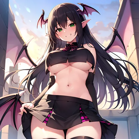 1girl in, Solo, perfect bodies, (top-quality:1.5), masutepiece, nffsw、Shaders、Brilliant Textured Work、succubus、Succubus Costume、Dark hair、Very long hair、Attractive green eyes、large boob、(underboob:1.3)、Constricted hips、Attractive beautiful legs、(Hierarchic...