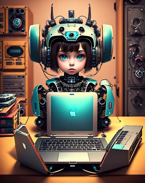 Laptop robot and girl