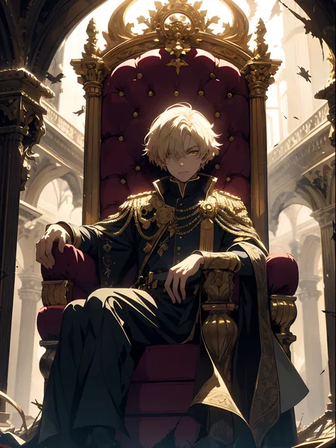 A golden-haired, red-eyed prince sits on a majestic throne inside an abandoned palace. The environment around him is dark and gloomy, with cracks in the walls and cobwebs hanging there. The throne is ornate, with details in gold and precious stones, and is...