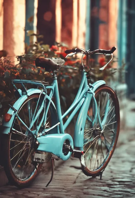 bicycle, In blurred shadows, Pastel blue background. Realistic image