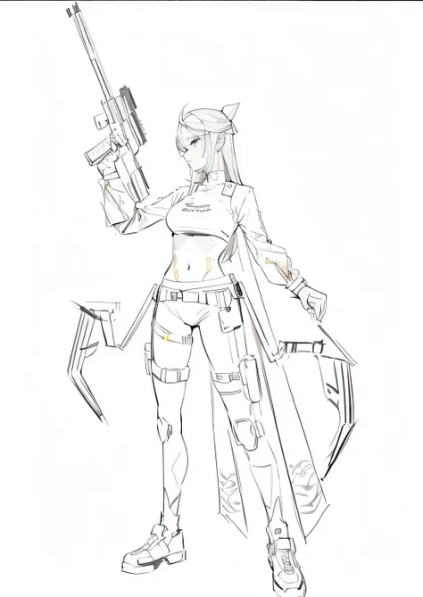 A painting of a woman with a gun and a knife, Color the line drawing in the figure