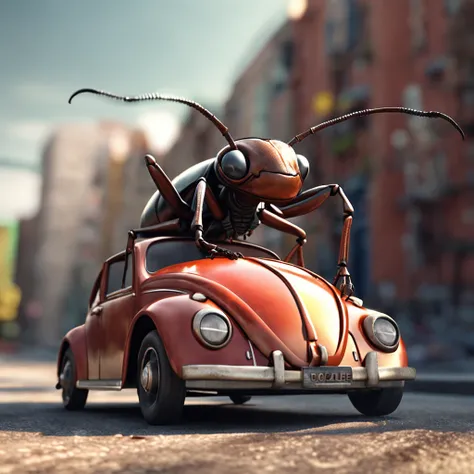 A giant ant lying on the roof of a Beetle car，Beetle car on the road，Dreamy light，Low-angle lens shooting，photorealistic cinematic render, Cinematic 3D rendering, realistic cgi render, Depicted as a 3D rendering