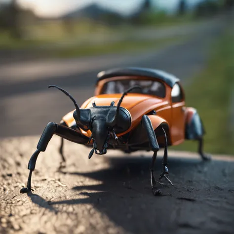 A giant ant lying on the roof of a Beetle car，Beetle car on the road，Dreamy light，Low-angle lens shooting，photorealistic cinematic render, Cinematic 3D rendering, realistic cgi render, Depicted as a 3D rendering