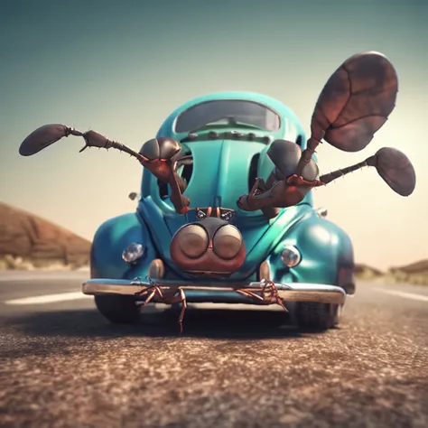 A giant ant lying on the roof of a Beetle car，Beetle car on the road，Dreamy light，Low-angle lens shooting，photorealistic cinematic render, Cinematic 3D rendering, realistic cgi render, Depicted as a 3D rendering