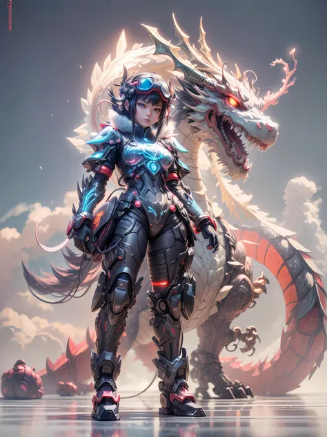 chinesedragon, (blind box toy style:1.2), (Full Body Shot) ,  1 Transparent girl,Behind him is a transparent and  Chinese dragon, Transparent mecha, Exquisite Helmet:1.2, glowing goggles:1.2, Cyberpunk, Dreamy Glow, Luminous neon lamp, clean, white backgro...