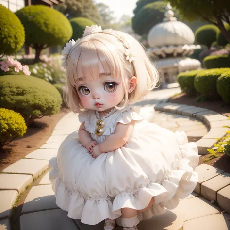 Cute Baby Chibi Anime,white dress with a lot of frill,Pearl Beige Bob Hair Ornament,Japan ornament hair ornament,Botanical Garden