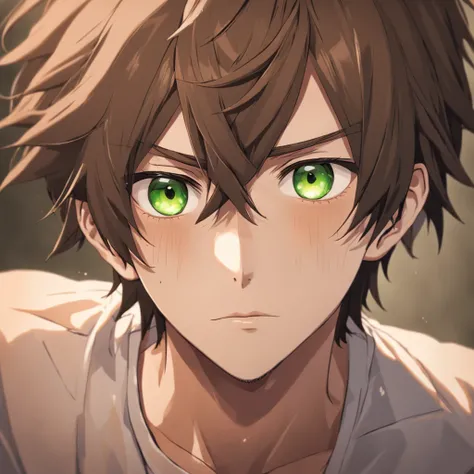 desiludido, Anime boy with brown hair and green eyes looking at the camera, cabelo cacheado, dead expression, Nice realistic portrait, anime semi-realista, detailed anime soft face made by anime painter studio, Retrato anime do homem bonito, realistic anim...