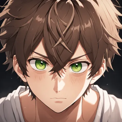 desiludido, Anime boy with brown hair and green eyes looking at the camera, cabelo cacheado, dead expression, Nice realistic portrait, anime semi-realista, detailed anime soft face made by anime painter studio, Retrato anime do homem bonito, realistic anim...