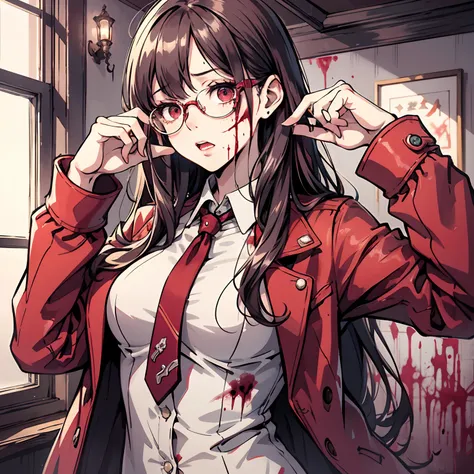 Ridiculous resolution，A high resolution，（tmasterpiece：1.4），Hyper-detailing，Red Long Hair, 1girll, glasses, Solo, red color eyes,, white necktie, long red coat, Zombie role-playing，Cosy room（1.2），Zombie apocalypse，Zombie outbreak，There is blood on the head（...