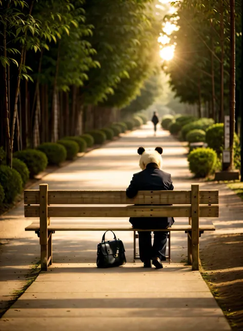 panda sitting on a bench，handbag placed under a bench, business suit，melancholy looked into the distance，with your back to the c...