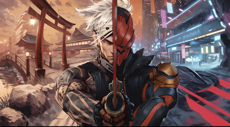 Anime characters holding swords in front of the city, raiden metal gear, Badass anime 8 K, villain wearing a red oni mask, Portrait de Ninja Slayer, kabuto, son of sparda, Katana Zero video game character, 《Metal Gear Solid rises》Thunderbolt in , thancred ...