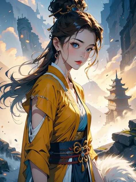 A woman，Turn sideways to the left，Enchanting pose，Brownish yellow main color picture，Sexy and feminine expression，Delicate hair accessories，Portrait upper body，Ancient warrior costume，Steep mountains in the background，Detail portrayal，Best picture quality，