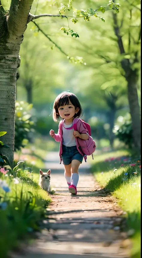 An incredibly charming little girl carrying a backpack, playing with her adorable puppy, enjoying a beautiful spring walk in the park, gorgeous pink flowers and natural landscapes. The illustration is in high definition in 4k resolution, with highly detail...